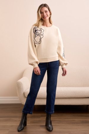 French Terry Embroidered Drop Shoulder Crew Neck Top-Moonstone