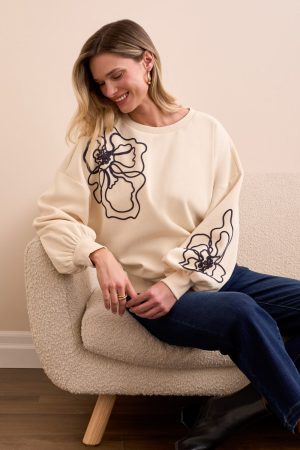 French Terry Embroidered Drop Shoulder Crew Neck Top-Moonstone