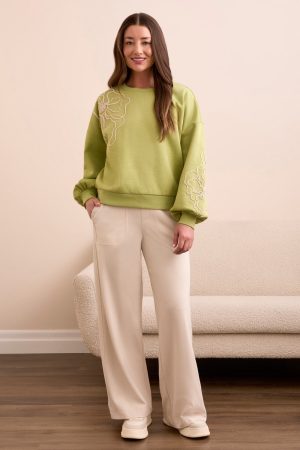 French Terry Embroidered Drop Shoulder Crew Neck Top-Wasabi