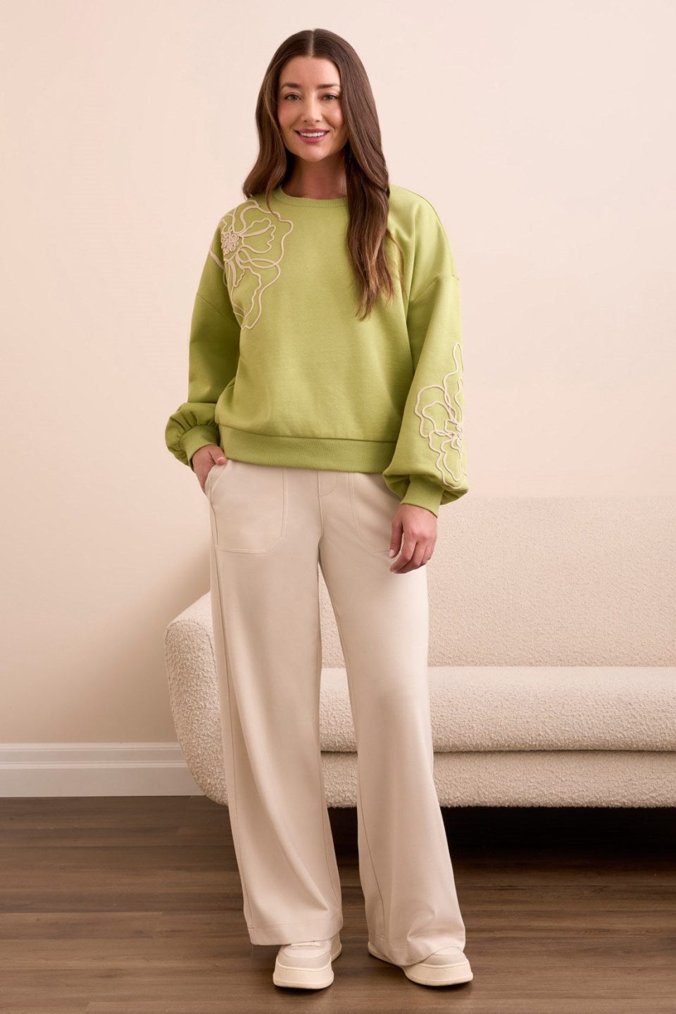 French Terry Embroidered Drop Shoulder Crew Neck Top-Wasabi