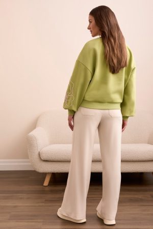 French Terry Embroidered Drop Shoulder Crew Neck Top-Wasabi