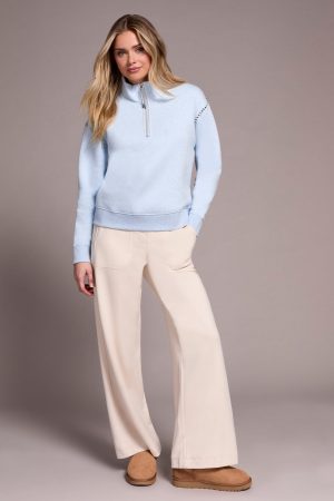 French Terry Stitch-Accent Zip Funnel Neck Sweater-Chambray