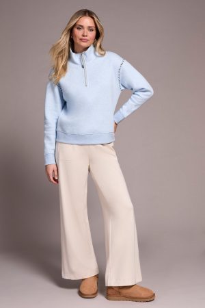French Terry Stitch-Accent Zip Funnel Neck Sweater-Chambray