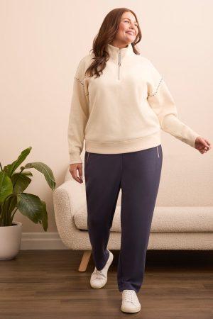 French Terry Stitch-Accent Zip Funnel Neck Sweater-Moonstone