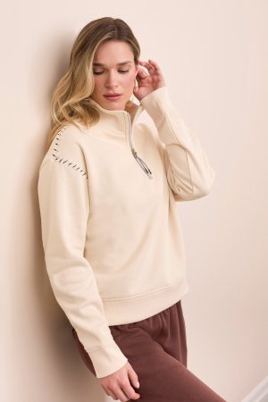 French Terry Stitch-Accent Zip Funnel Neck Sweater-Moonstone