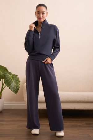 French Terry Stitch-Accent Zip Funnel Neck Sweater-Sapphire