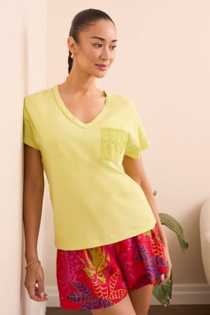Frill V-Neck Top With Crochet Pocket-Palelime