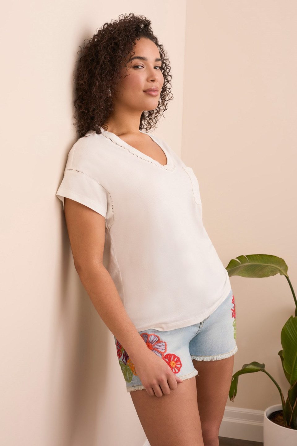 Frill V-Neck Top With Crochet Pocket-Summerwhite