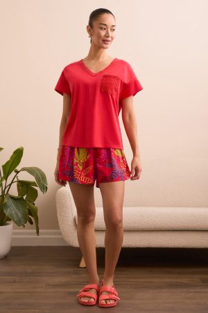 Frill V-Neck Top With Crochet Pocket-Tangored