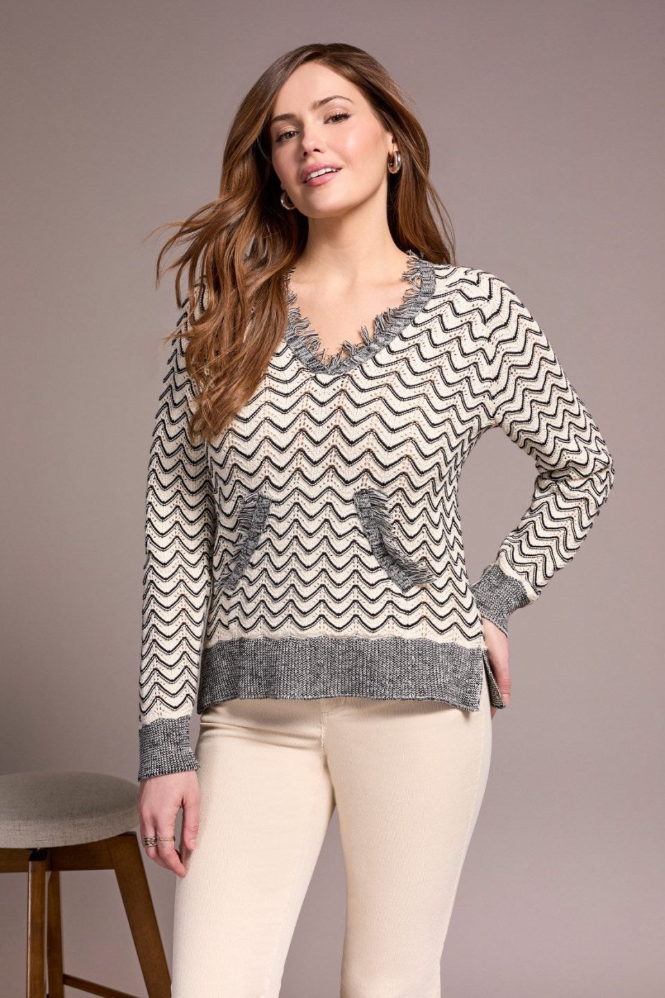 Fringe Long-Sleeve Hooded Sweater-H.charcoal