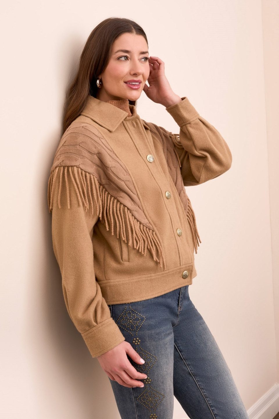 Fringe-Shoulder Button-Front Knit Jacket-Biscotti