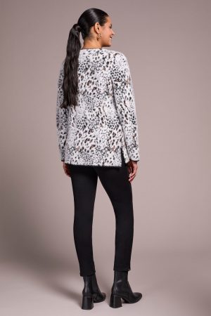Fuzzy Animal Print Long-Sleeve V-Neck Sweater-Moonstone