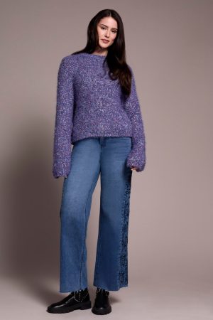 Fuzzy Eyelash Drop Shoudler Puff Sleeve Sweater-M blueviolet
