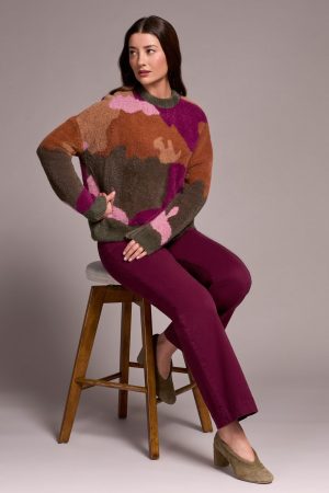 Fuzzy Intarsia Crew Neck Sweater-M gingerspice