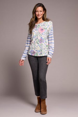 Fuzzy Soft Crew Neck Combo Print Knit Top-Cherrypink