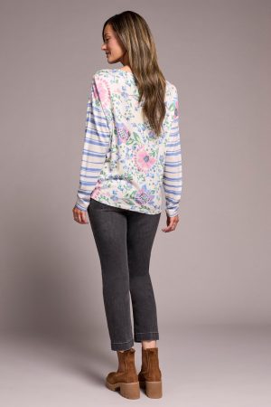 Fuzzy Soft Crew Neck Combo Print Knit Top-Cherrypink