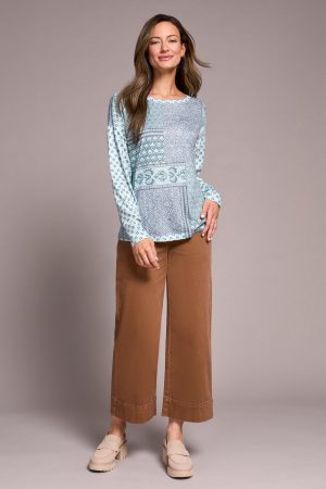 Fuzzy Soft Crew Neck Combo Print Knit Top-Pastelteal