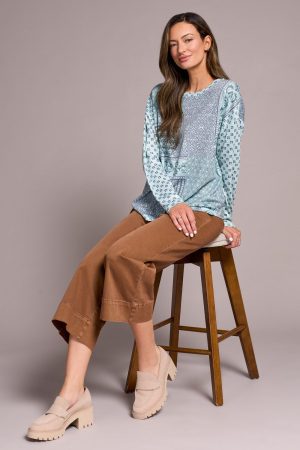 Fuzzy Soft Crew Neck Combo Print Knit Top-Pastelteal