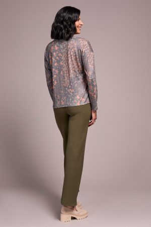 Fuzzy Soft V-Neck Combo Print Knit Top-Turmeric