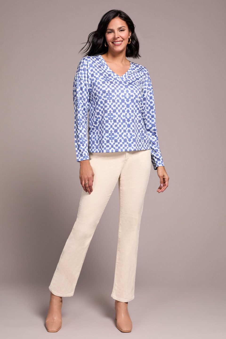 Fuzzy Soft V-Neck Combo Print Knit Top-Ultrablue