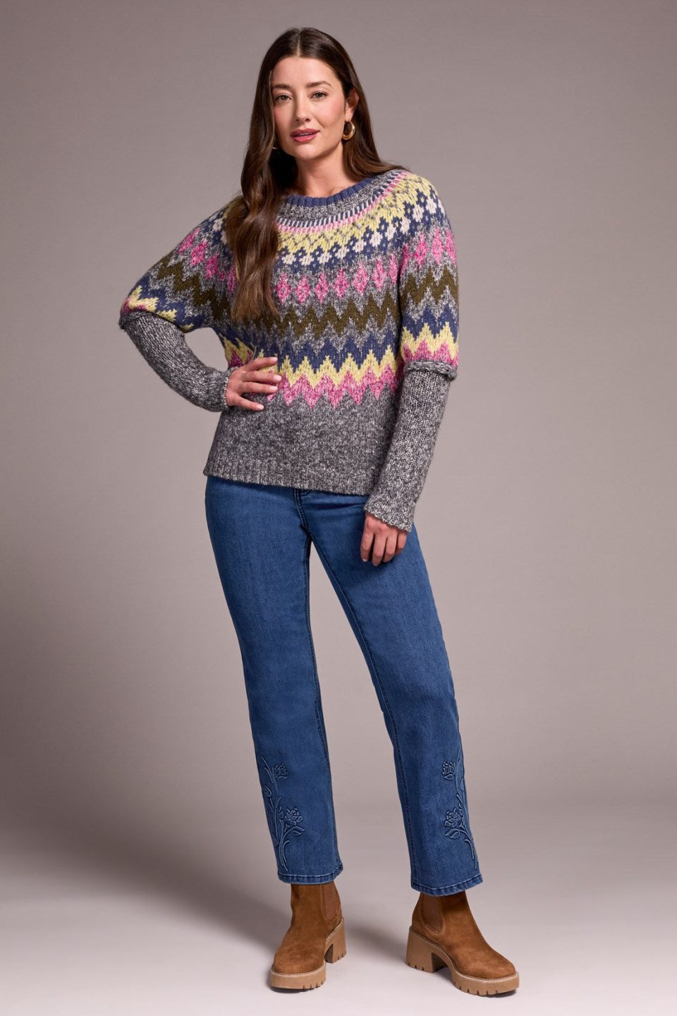 Intarsia Ribbed Long Sleeve Sweater-Pink flambe