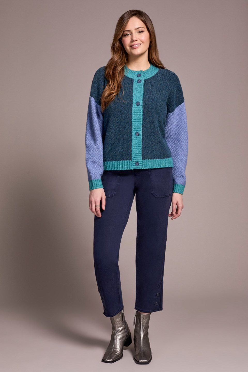 Heathered Color Block Button-Front Cardigan-H opalgreen