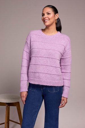 Heathered Stripe Crew Neck Sweater-H purplelotus