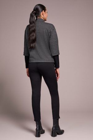 Houndstooth Combo Sleeve Mock Neck Jacquard Top-Charcoal