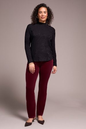 Jacquard Knit Long-Sleeve Mock Neck Top-Black