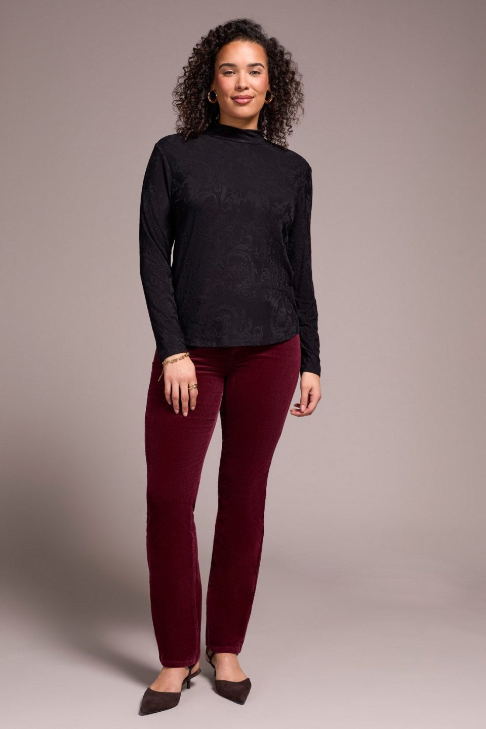 Jacquard Knit Long-Sleeve Mock Neck Top-Black