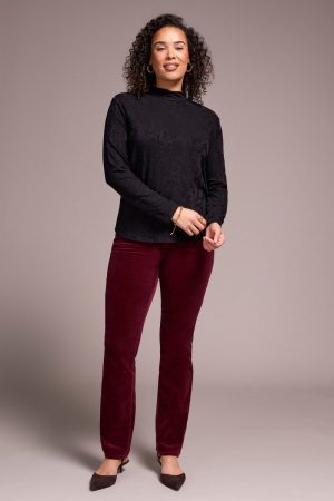 Jacquard Knit Long-Sleeve Mock Neck Top-Black