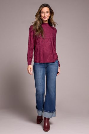 Jacquard Knit Long-Sleeve Mock Neck Top-Wine
