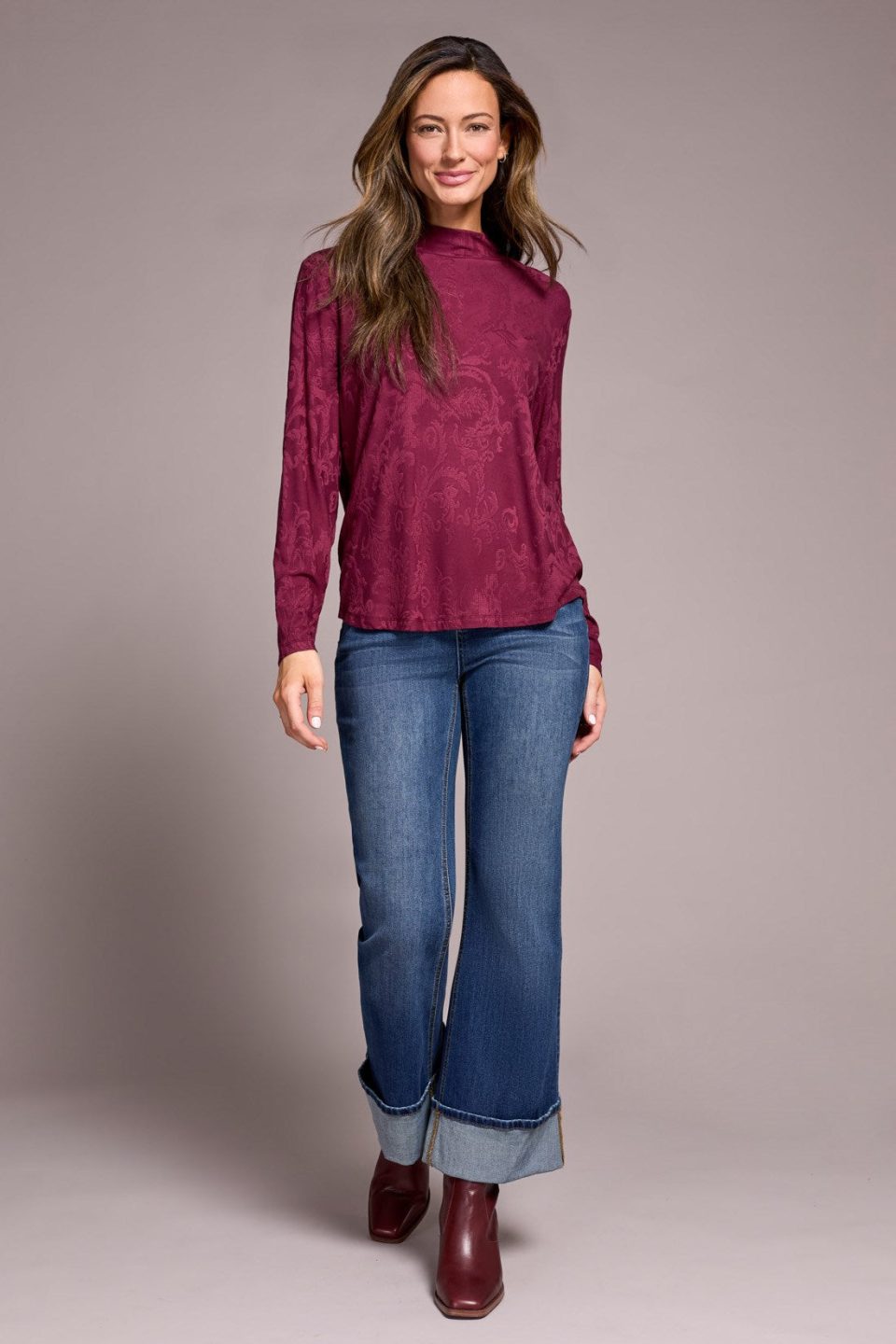 Jacquard Knit Long-Sleeve Mock Neck Top-Wine