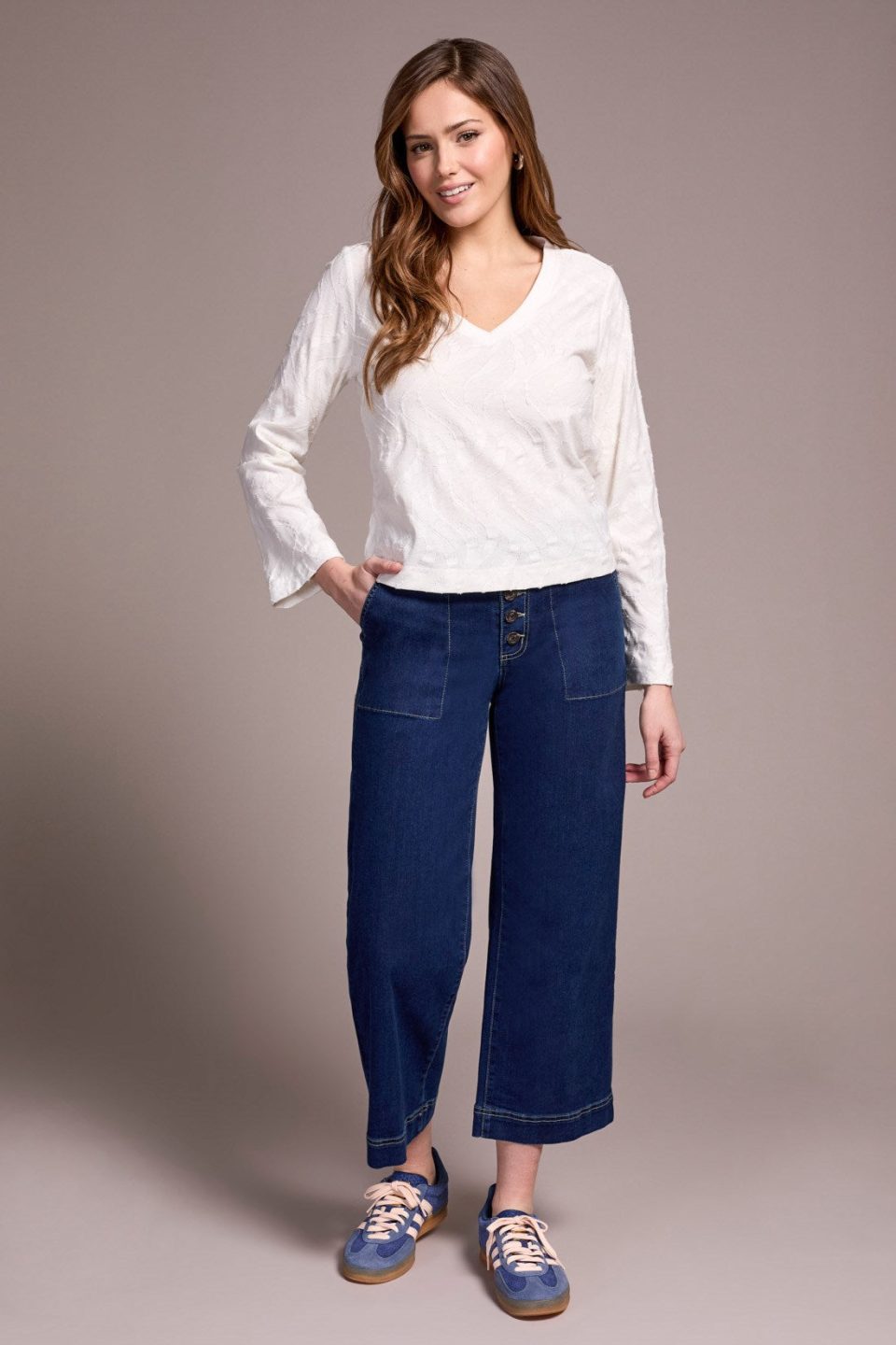 Jacquard Knit Long Sleeve V-Neck Top-Cream