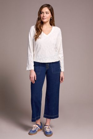 Jacquard Knit Long Sleeve V-Neck Top-Cream