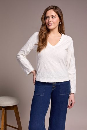 Jacquard Knit Long Sleeve V-Neck Top-Cream