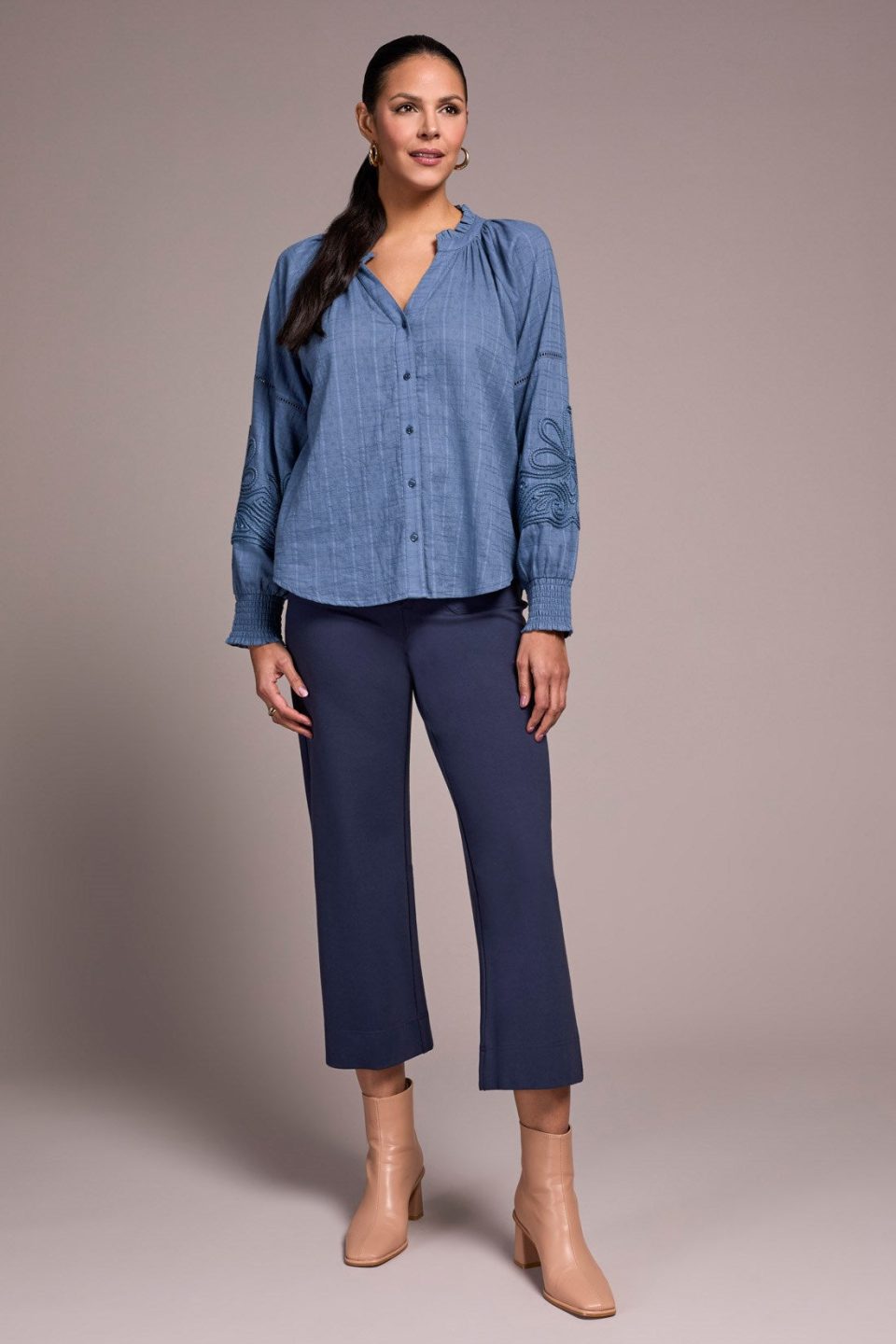 Jaquard Appliqué-Sleeve Notch Neck Blouse-Slateblue
