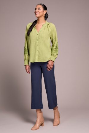 Jaquard Appliqué-Sleeve Notch Neck Blouse-Wasabi