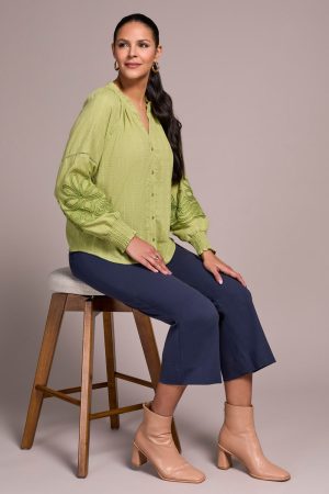 Jaquard Appliqué-Sleeve Notch Neck Blouse-Wasabi