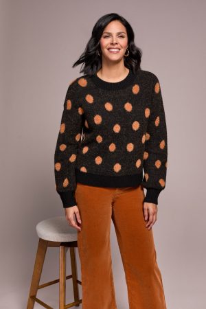 Knit Eyelash Crew Neck Polka-Dot Sweater-Black