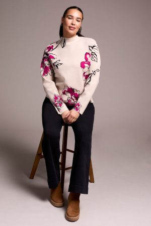Knit Jacquard Funnel Neck Sweater-Pink flambe
