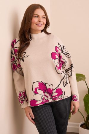 Knit Jacquard Funnel Neck Sweater-Pink flambe