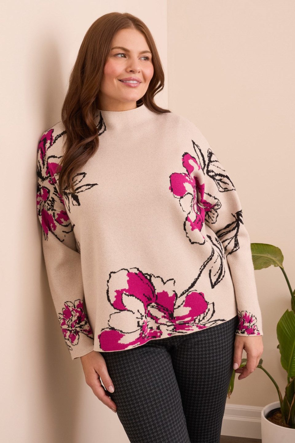 Knit Jacquard Funnel Neck Sweater-Pink flambe