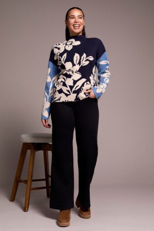 Knit Jacquard Funnel Neck Sweater-Sapphire