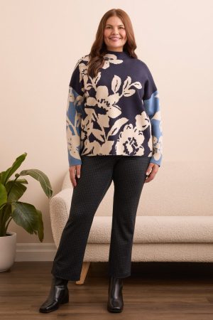Knit Jacquard Funnel Neck Sweater-Sapphire