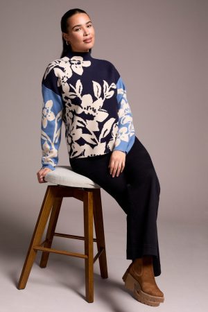 Knit Jacquard Funnel Neck Sweater-Sapphire