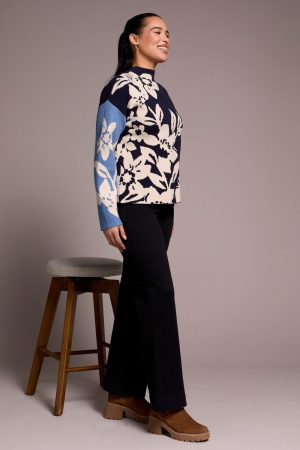 Knit Jacquard Funnel Neck Sweater-Sapphire