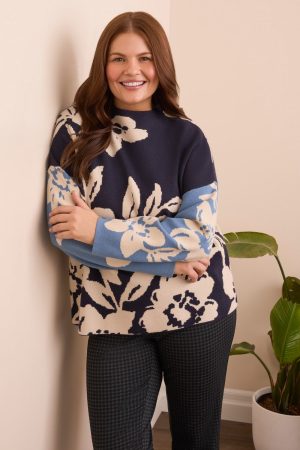 Knit Jacquard Funnel Neck Sweater-Sapphire