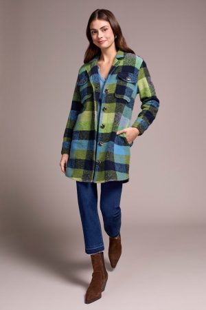 Knit Plaid Notch Collar Shacket-Nightfall