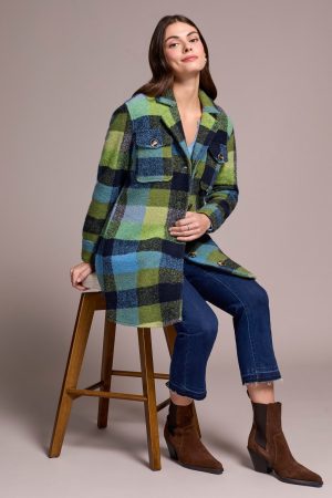 Knit Plaid Notch Collar Shacket-Nightfall